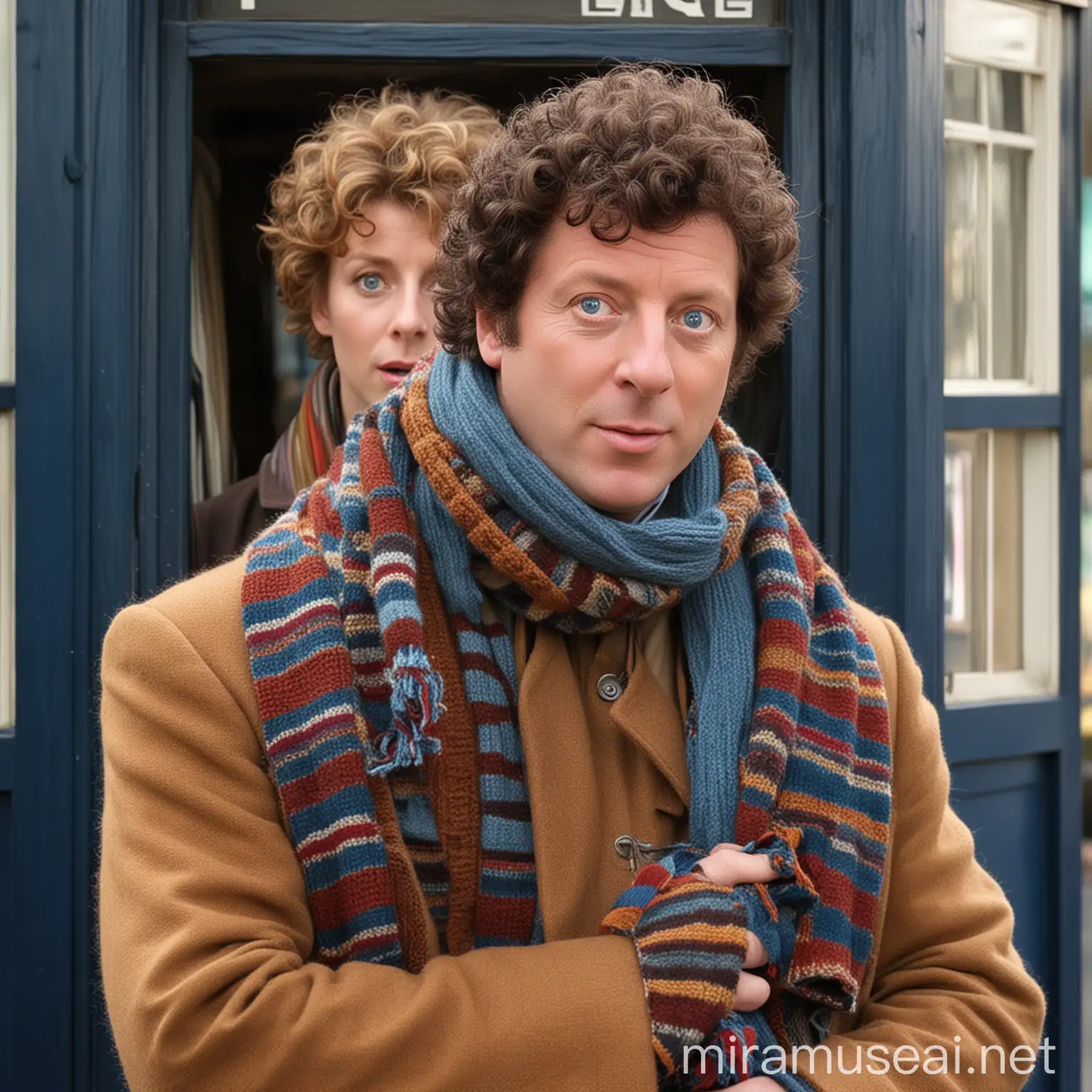 Tom Baker as Doctor Who Emerges from 1960s Blue Police Box