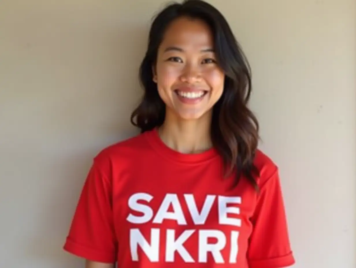 A cheerful 25-year-old Indonesian woman with warm, radiant skin and a bright smile, facing the camera directly. She is wearing a vibrant red T-shirt with bold white letters that read 'SAVE NKRI.' Her dark hair is styled casually, possibly in loose waves or a ponytail, and her expression exudes confidence and positivity. The background is simple and unobtrusive, allowing her to stand out as the focal point. The lighting is soft and natural, highlighting her joyful demeanor and the message on her shirt.