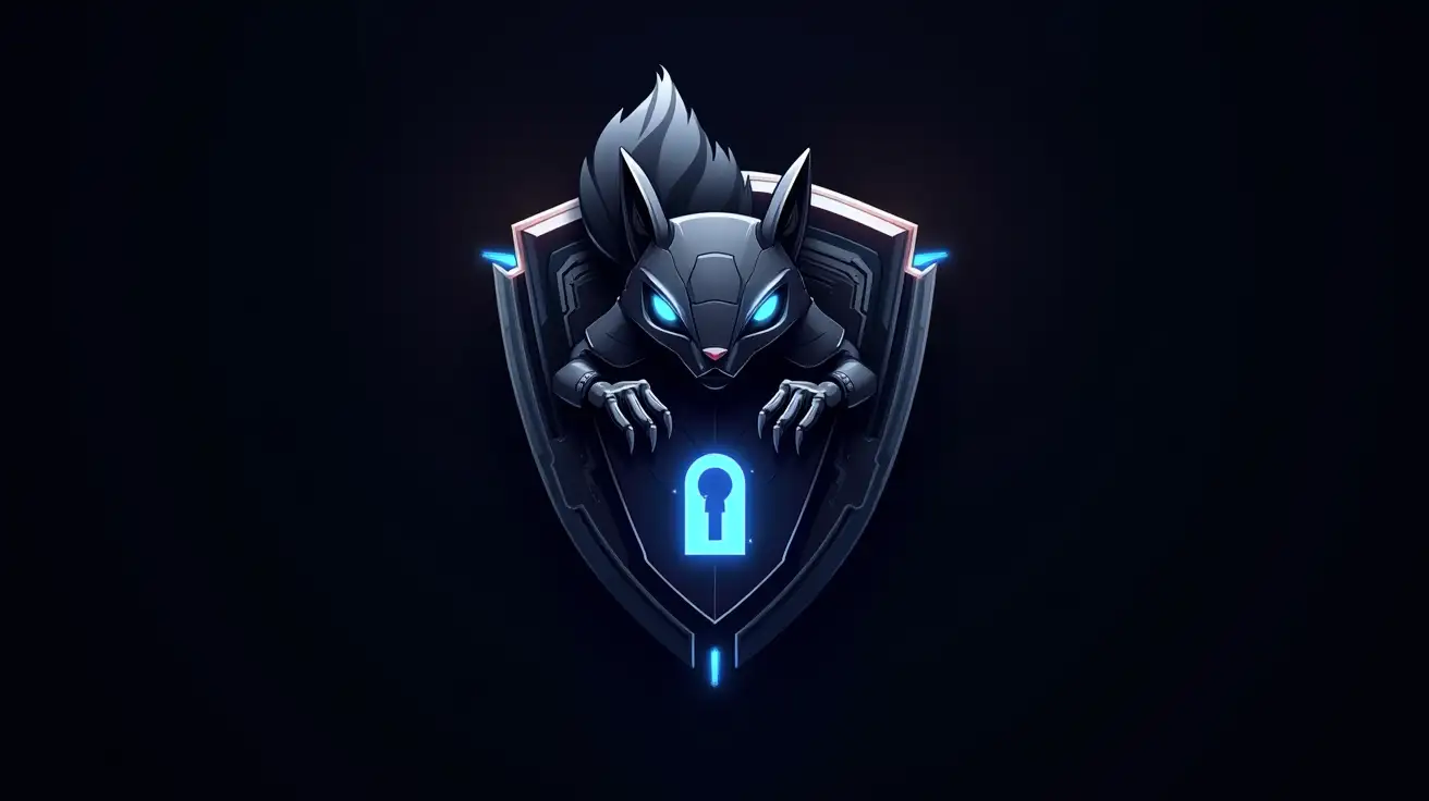 A sleek, abstract logo representing the Sentinel Protocol, embodying powerful cybersecurity, blockchain protection, and digital defense. The design features a cybernetic squirrel emblem, exuding an aura of controlled strength and calculated danger. Its sharp, angular form conveys agility and precision, while its piercing, glowing blue or red eyes signal unwavering vigilance. The squirrel is seamlessly integrated into a bold, geometric shield, making the defensive aspect unmistakable. The shield is reinforced with high-tech plating and intricate blockchain circuitry patterns, symbolizing impenetrable security. The squirrel’s powerful, clawed paws grip the edges of the shield, poised to strike if necessary, while its metallic, segmented tail wraps protectively around the shield’s lower half, reinforcing its role as an unyielding defender. At the center of the shield, a glowing keyhole or encrypted security symbol pulsates with energy, representing trust, safety, and next-gen encryption. The squirrel’s expression is fierce yet controlled, ensuring that it appears as both a protector and a force to be reckoned with. The dark, minimalistic background keeps the focus on the glowing neon-lit elements, which contrast against deep gunmetal and metallic silver tones. The design is bold, emblematic, and symmetrical, ensuring a strong, recognizable brand identity that conveys absolute security with a formidable presence. Designed in a modern, emblematic style with a sharp, aggressive, yet noble energy, symbolizing unyielding digital protection with the strength to counter any threat.