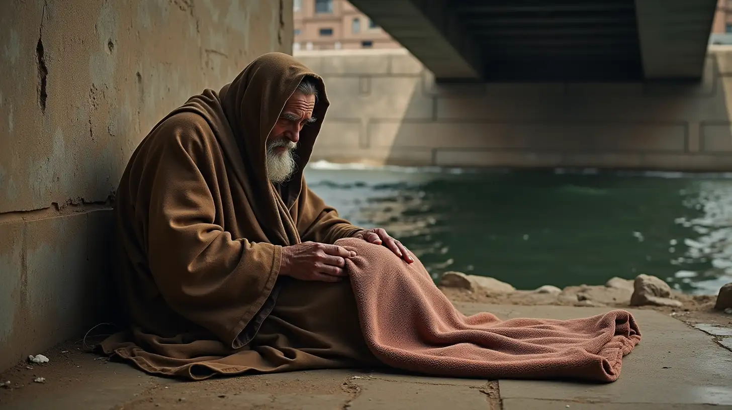 Homeless Man Sleeping with Folded Blanket Under Bridge Biblical Era