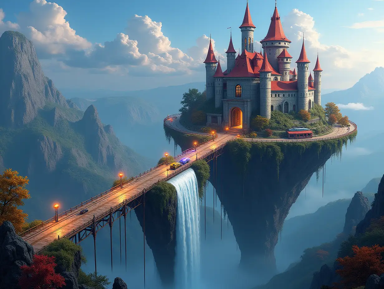 KI A Fantasy-style floating island world with castle with red towers beautiful lit streets, a suspension bridge with connections to the mainland with glowing lanterns and futuristic cars with glowing headlights, colorful trees, waterfall, clear sky without clouds, panoramic image