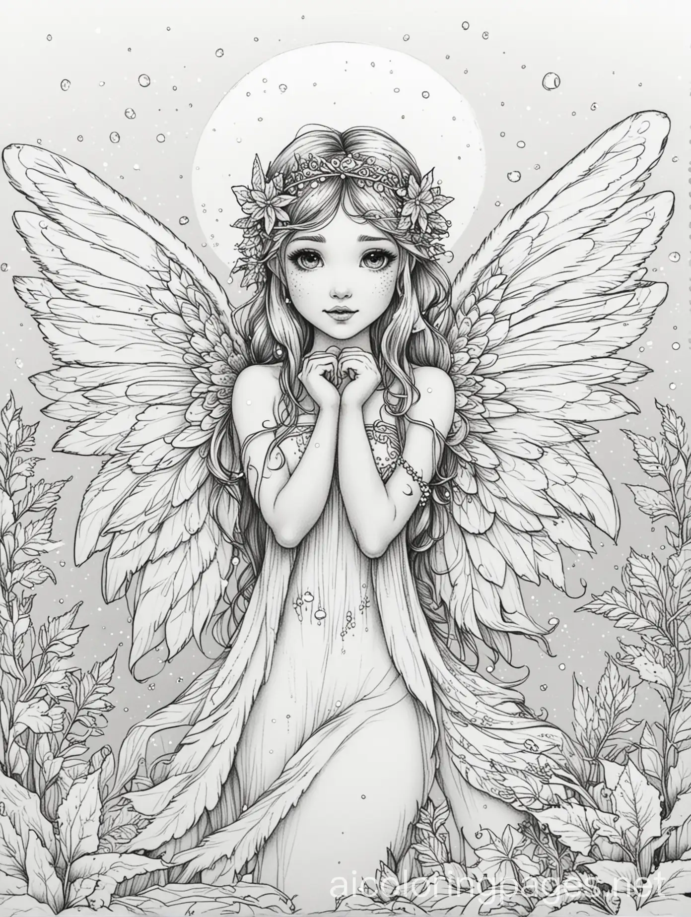 Winter-Fairy-with-Wings-in-a-Snowy-Landscape-Coloring-Page