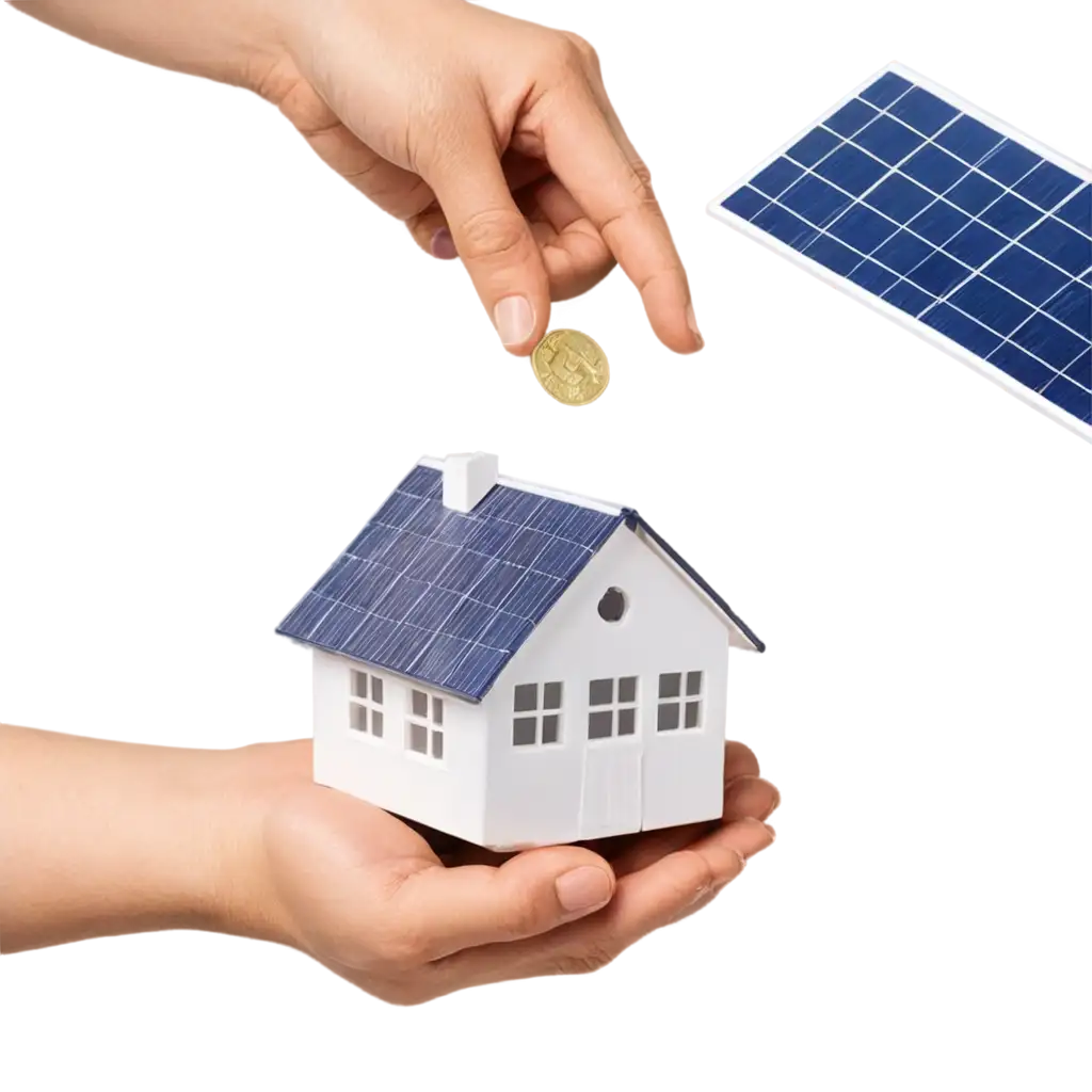 Hand-Holding-Coins-or-Savings-Jar-with-Miniature-House-and-Solar-Panels-PNG-Image-Ideal-for-Financial-and-Sustainable-Living-Concepts