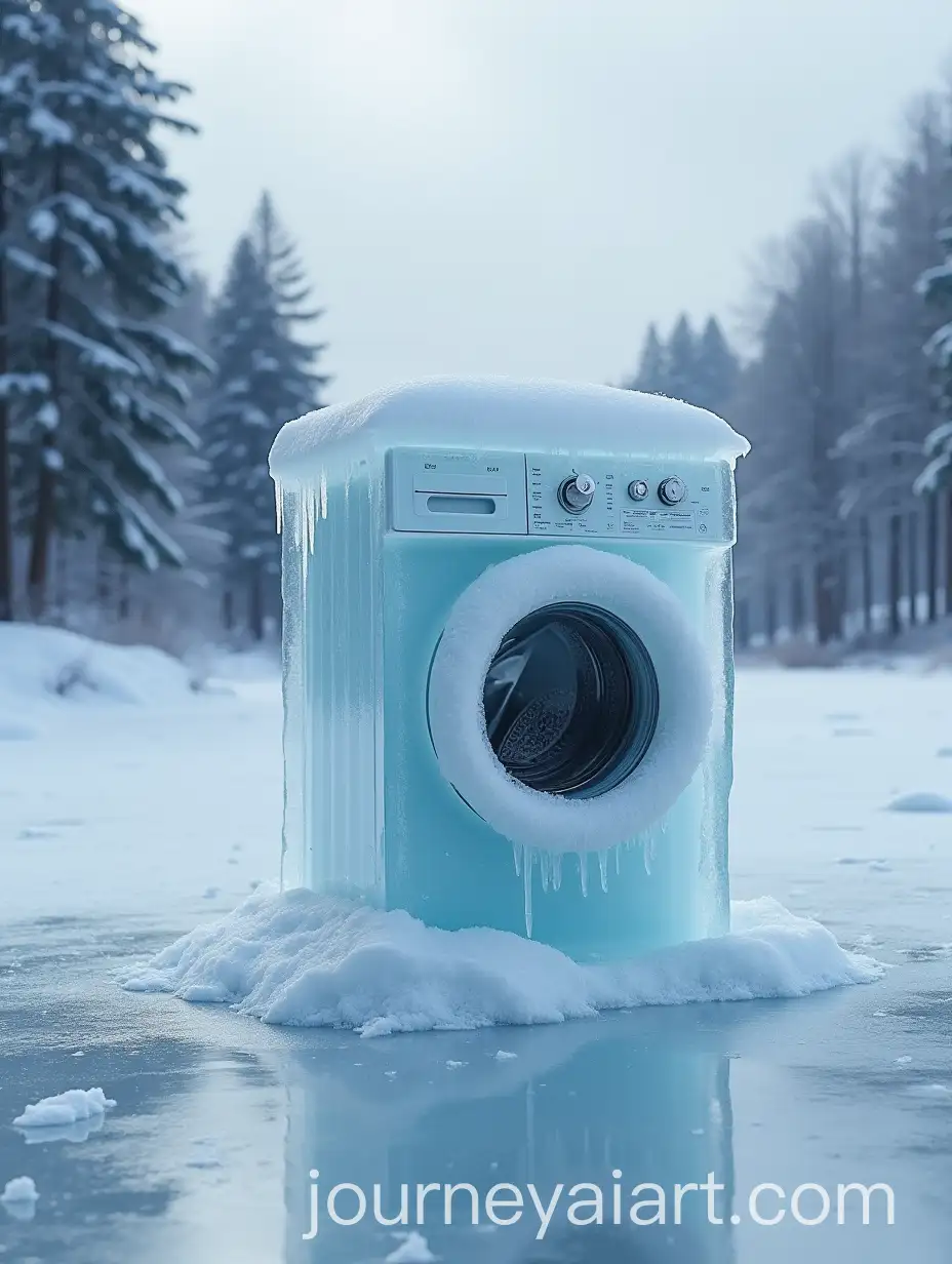 Icy-Washing-Machine-on-a-Frozen-Lake-in-a-Snowy-Forest
