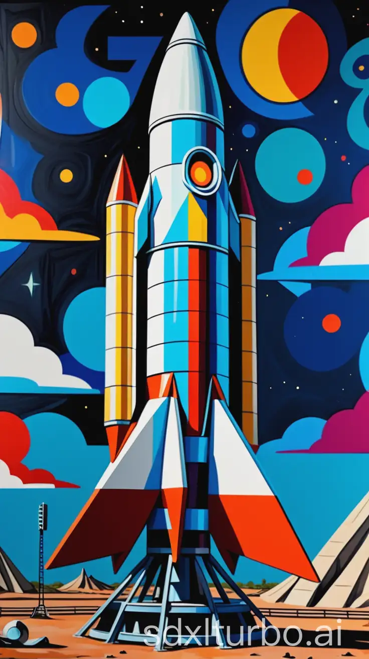 A painting of a futuristic rocket in Picasso and pop art style on a rocket launch pad in 4k