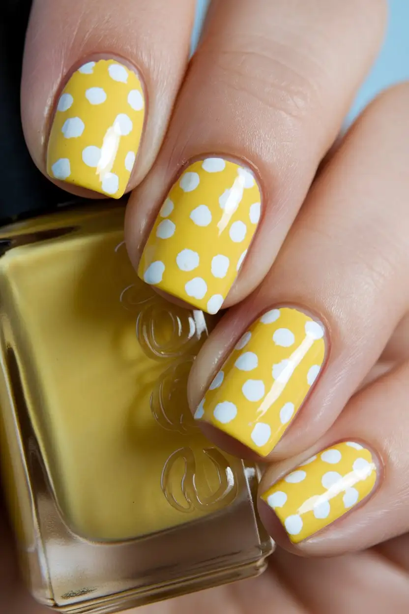 A close-up shot of a hand with square-shaped nails painted in a bright, sunny yellow nail polish. Each nail is adorned with small, crisp white polka dots arranged in a playful pattern. The finish is glossy and the lighting is bright and cheerful. The background is a simple, light blue color.