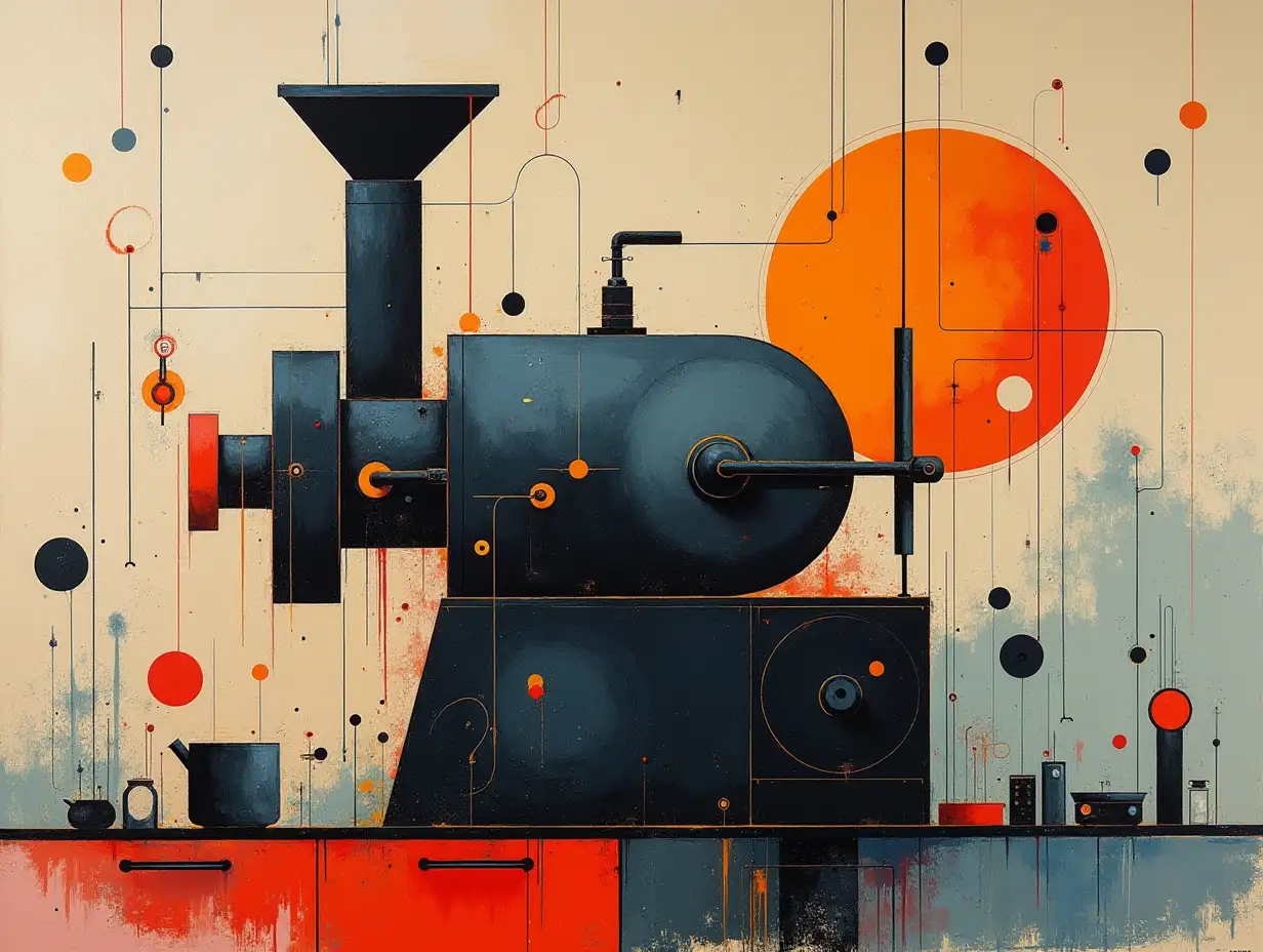 primitive schematically, Stalker Tarkovsky's meat grinder in the style of Kandinsky, Malevich, minimalism, simplify for beginner artist with acrylic many colors, constructivism abstractness, gloomily