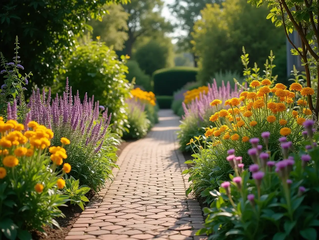 Pathway in garden,Flowers with bricks pathways,garden landscape design 