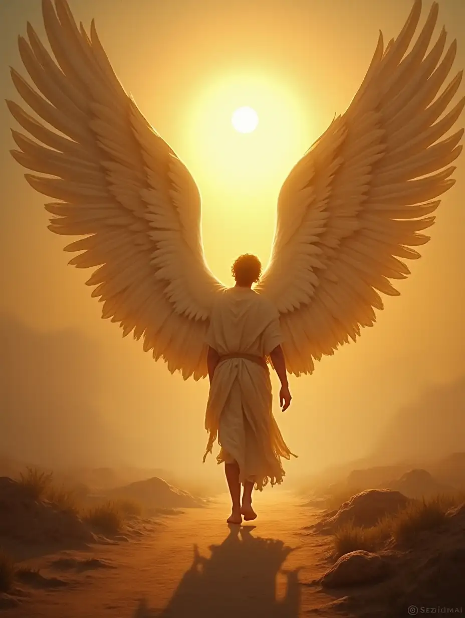 The shadow of massive angelic wings casts over a traveler walking under the blazing sun, captured in a Renaissance painting style.