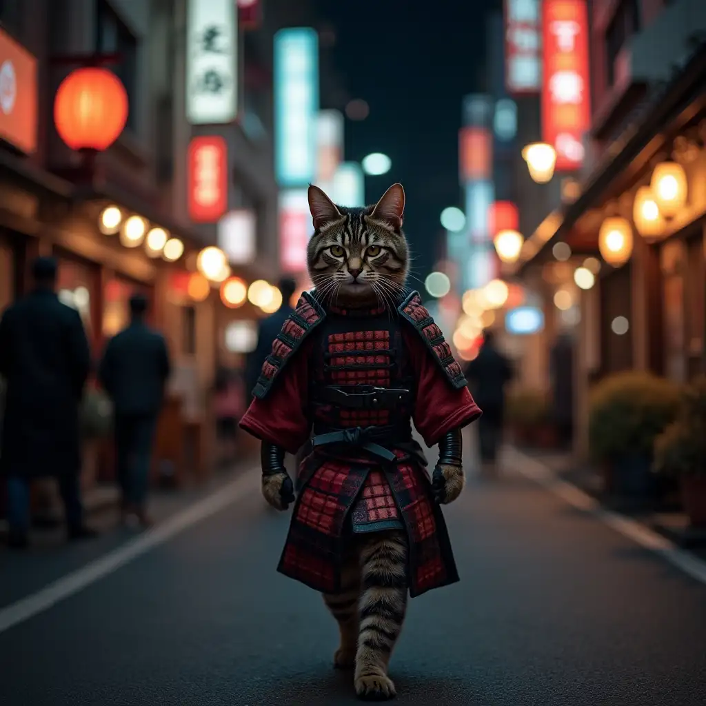 Samurai-Cat-Walking-at-Night-in-Tokyo