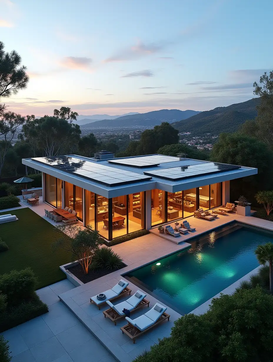 Beautiful luxury mansion in hollywood hills with solar panels on the rooftop