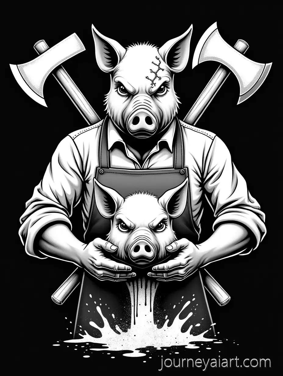 Intimidating-Anthropomorphic-Pig-with-Carved-Sculpture-andPig-Head-Axe-Illustration-Axes-in-Retro-Hot-Rod-Style