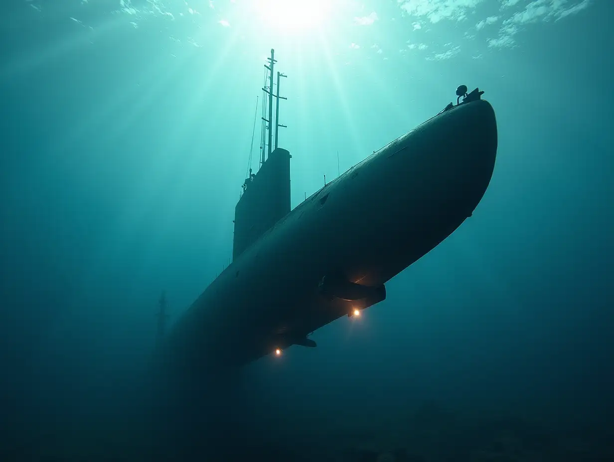 a submarine in a submerged position, launching a torpedo, sunlight