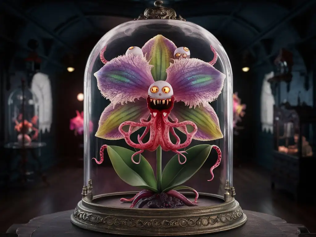 Colorful-Mutant-Orchid-with-Fangs-and-Tentacles-in-Antique-Victorian-Bell-Jar