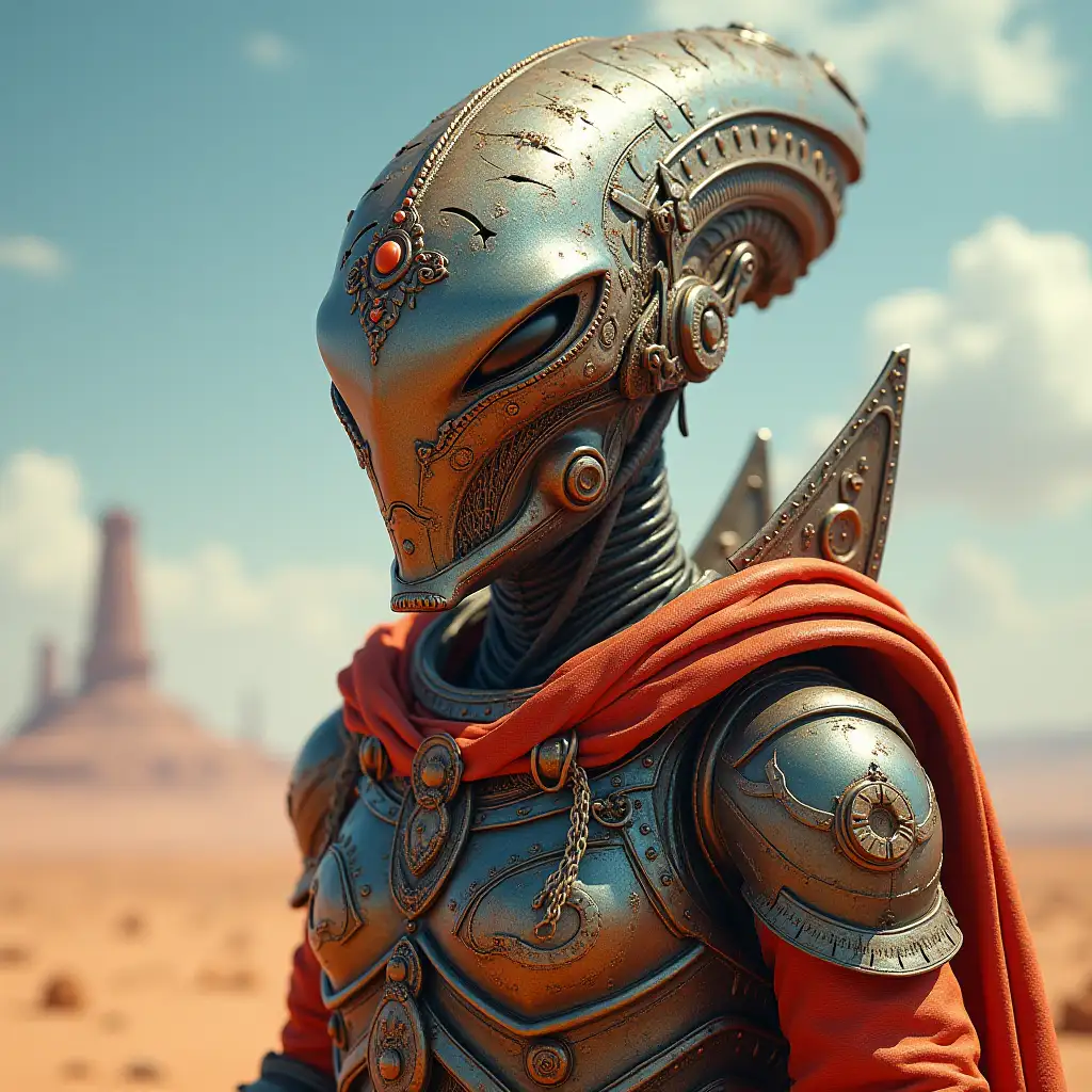 Hyperrealistic portrait of a gpanzerter metal alien king 10 meters tall with the elaborately detailed, colorful desert planet background