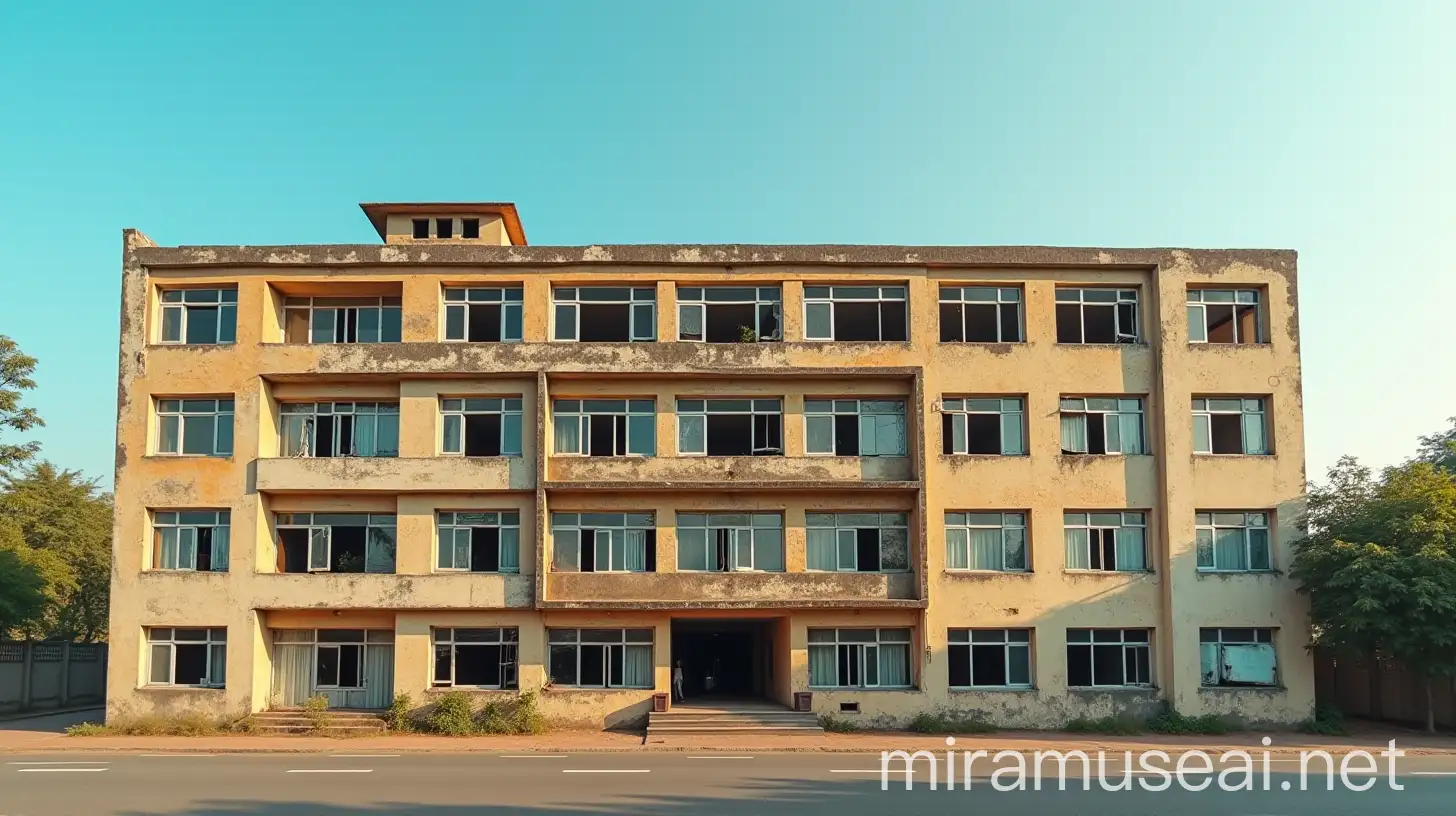 Dilapidated 5Storey Office Building Under a Clear Blue Sky