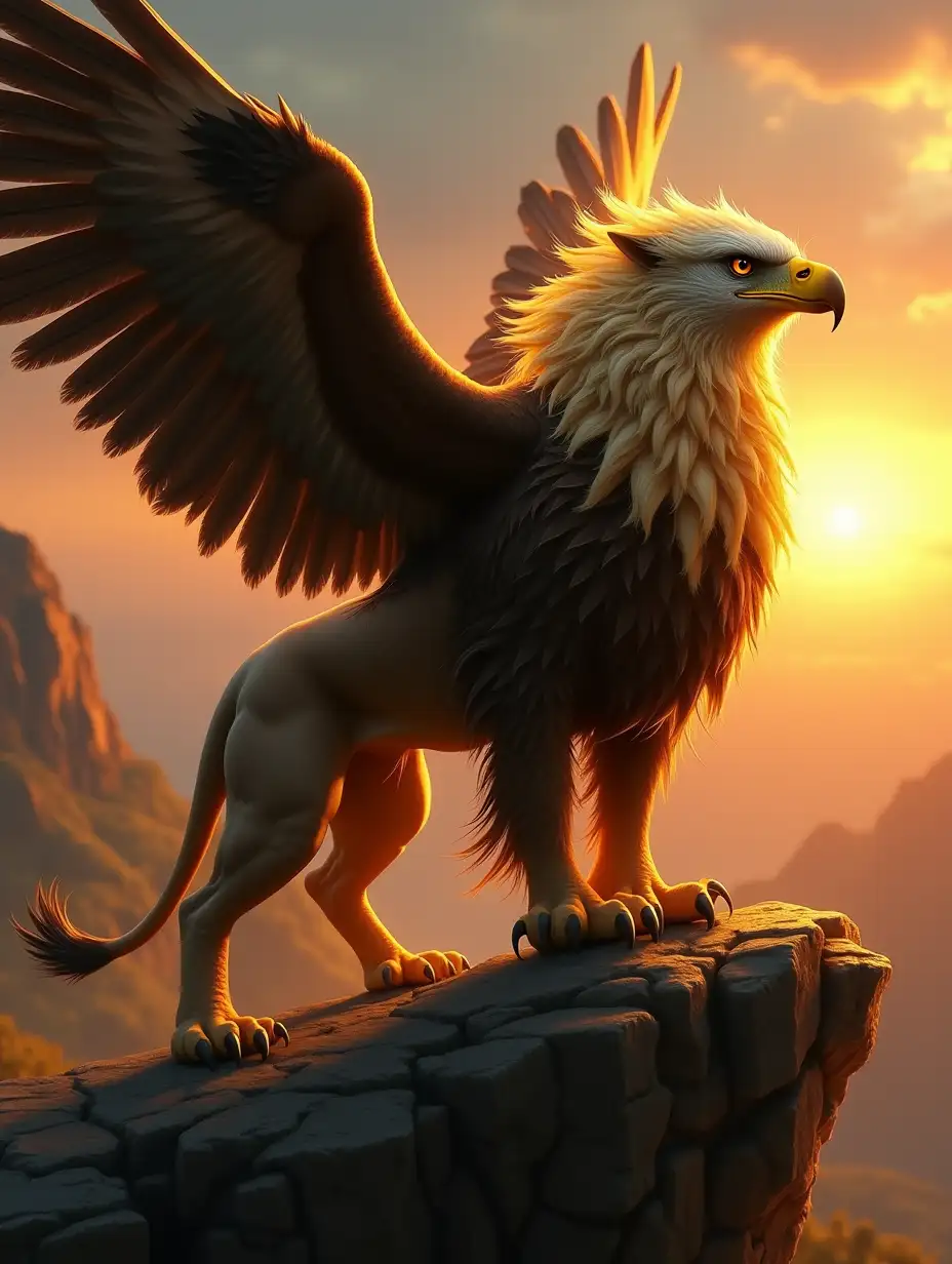 Create a majestic hybrid animal combining a bald eagle and a lion. The creature has the powerful wings and head of an eagle, with a fierce gaze, golden feathers covering its upper body, and the muscular, regal body of a lion. The animal stands on a cliff, with a sunset in the background, wind blowing through its mane and feathers, symbolizing strength and freedom.