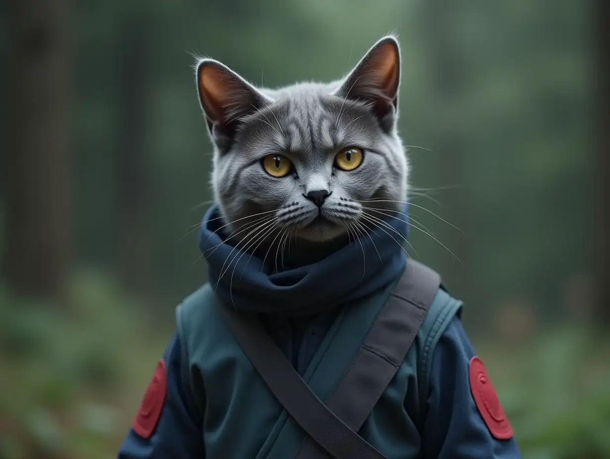 a grey cat standing wears kakashi the ninja konoha costume, muted colours film