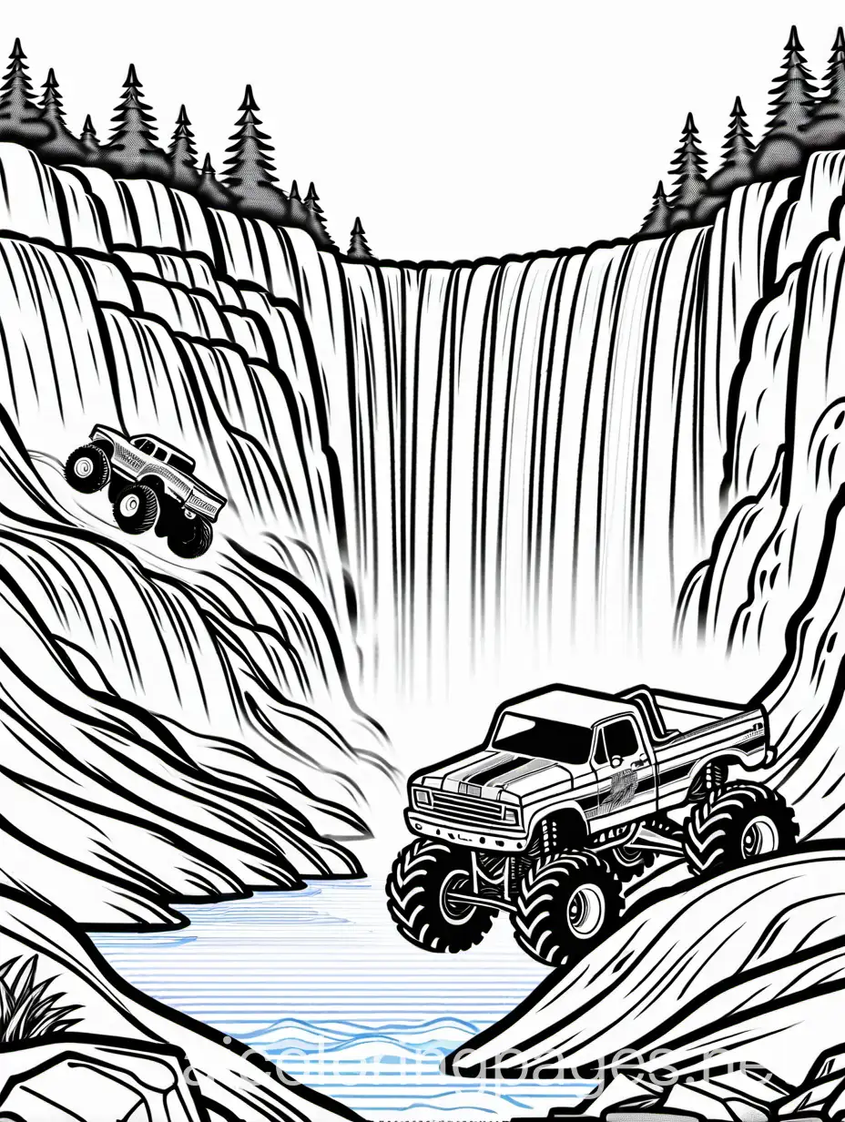 Monster-Trucks-Roaring-Near-a-Majestic-Waterfall