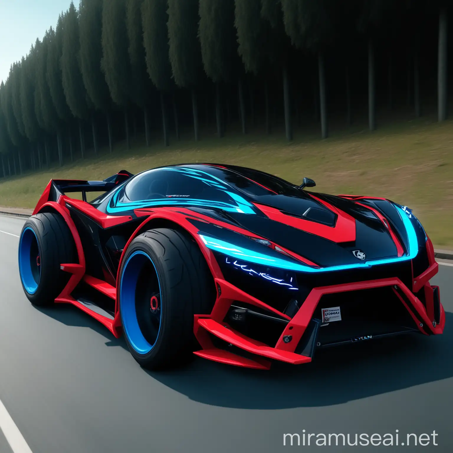 Lycan Hyper Sport Car with Black Red and Blue Neon Colors Driving on Road