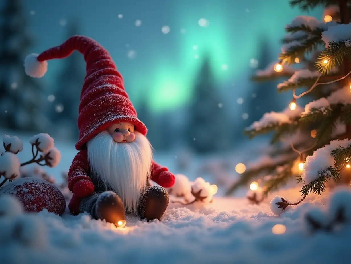 An adorable Christmas gnome sitting on a cozy landscape of soft cotton-like plants, with gentle snowfall around. Tiny glowing fairy lights are woven into the background, casting a soft, magical glow. The gnome's hat and beard have a subtle frosty shimmer, enhancing the wintry feel. In the sky, a soft aurora borealis creates a mystical, colorful backdrop, adding to the enchanting atmosphere. The overall composition exudes an enchanting mystique, capturing the essence of wonder and magic that defines this surreal Christmas realm