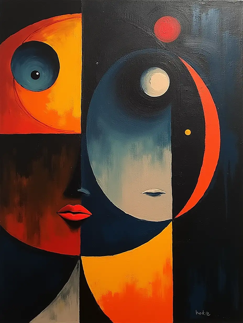 user_prompt: A picture in a checkered pattern, stripe, primitively schematic, minimalism, avant-garde, face, enormous hovering eye, darkness in the style of Kandinsky, Malevich, minimalism, simplify for a beginning artist with acrylic many colors, constructivism abstractionism, gloomily