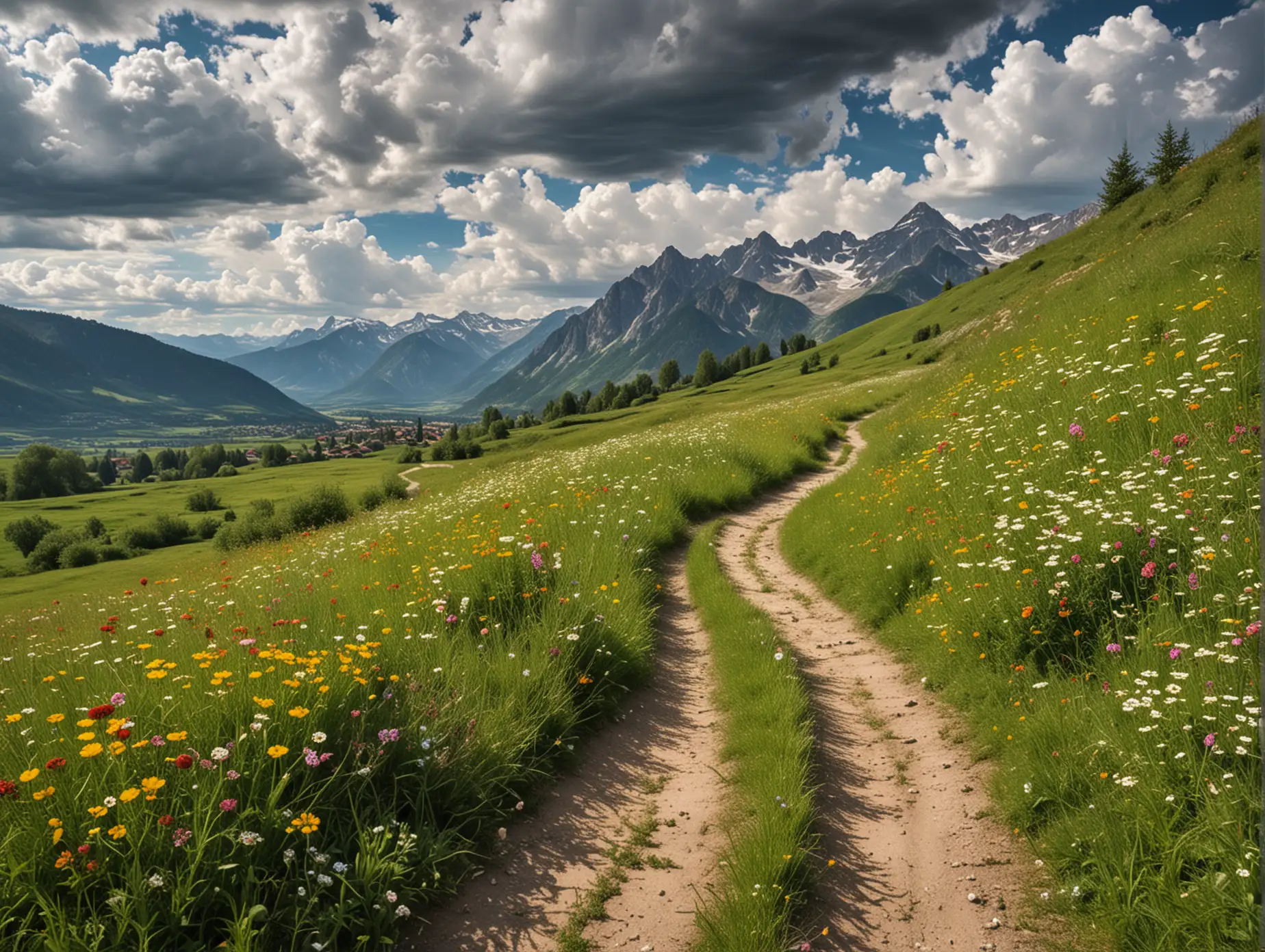 On a meadow there is a small path, the sides of the road are full of flowers, in the distance there are mountains, clouds, feeling relaxed