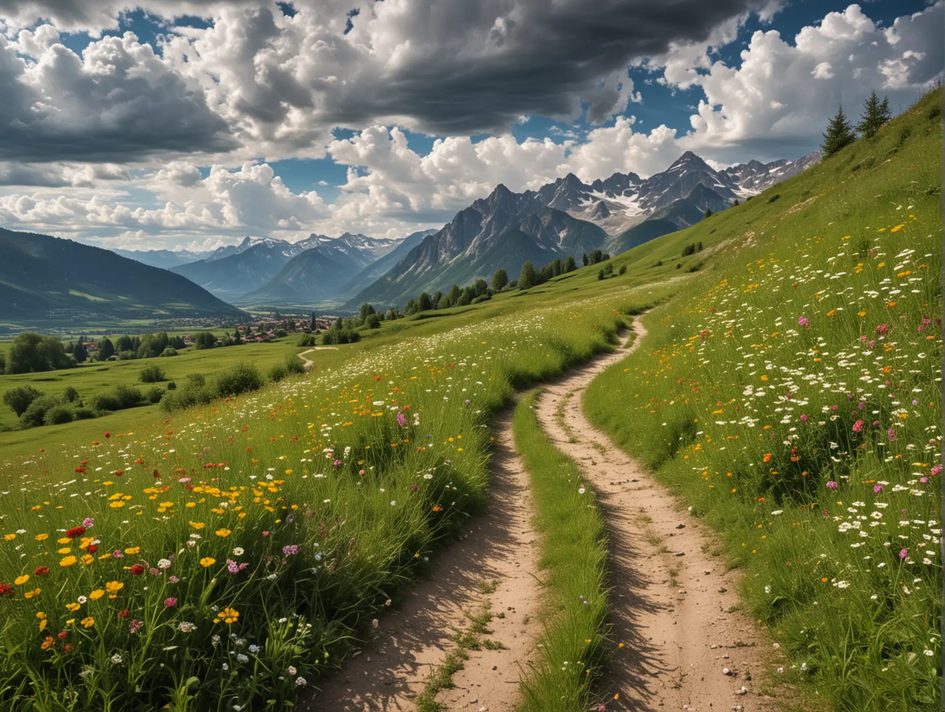 Tranquil-Meadow-Path-with-Mountain-View-and-Clouds