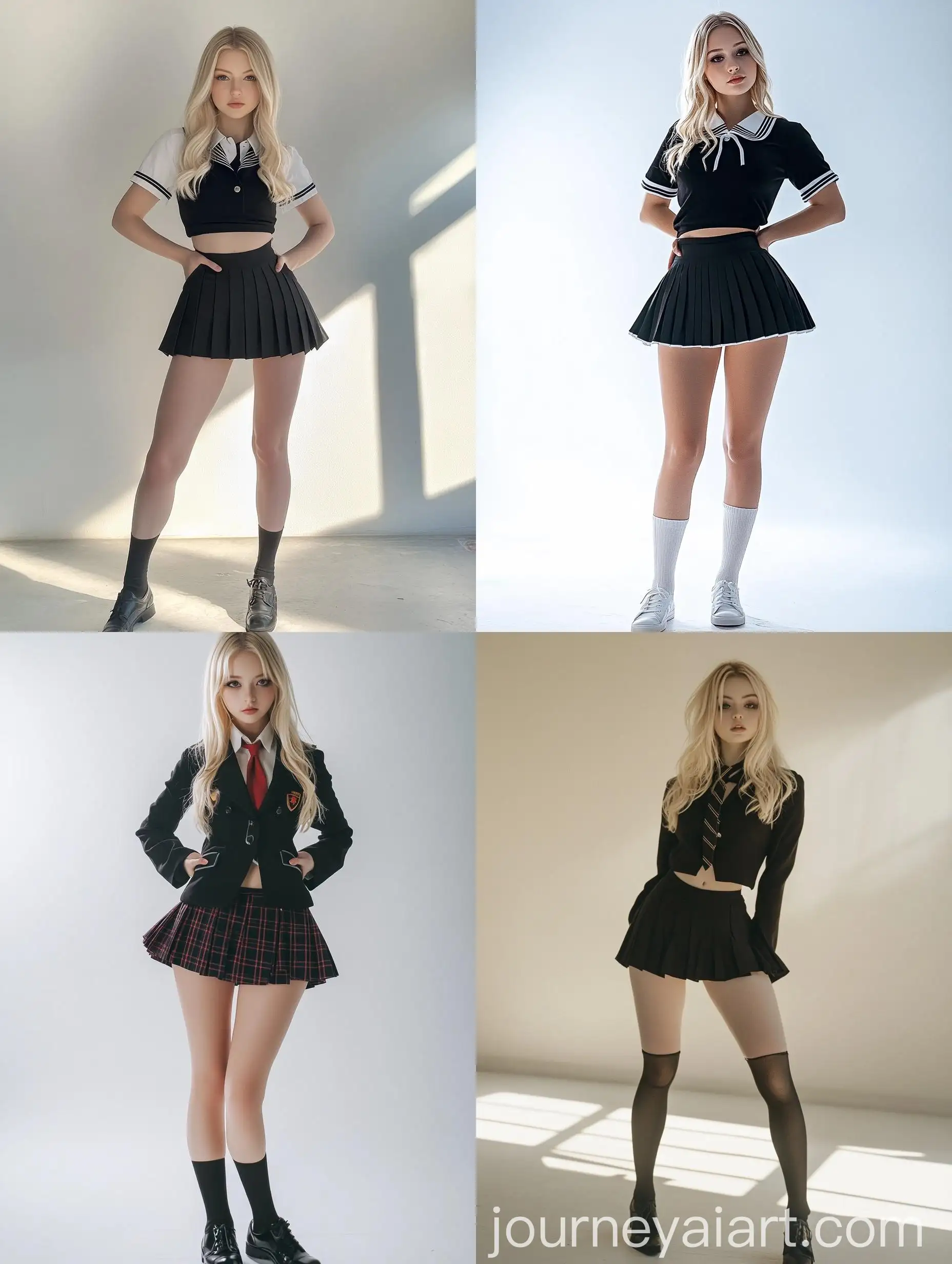 Blonde-Woman-in-School-Girl-Uniform-Posing-at-Photography-Studio