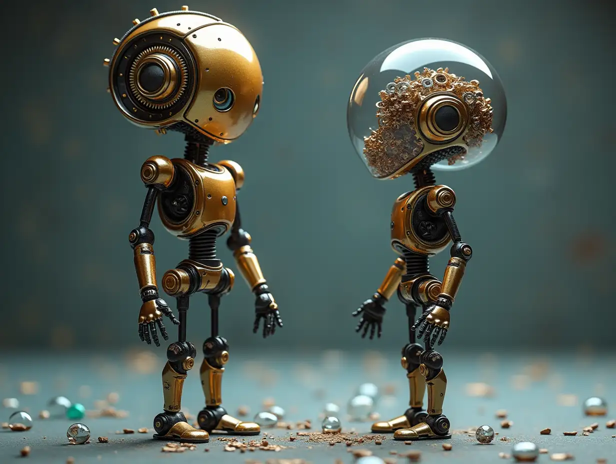 Create a high-resolution, realistic image of artificial intelligence: Robert, two meters tall and a robot one meter tall, with gears on arms and legs, gears on cheeks and a glass head with visible gold plated brain, screws with many gears and many small glass marbles on the photo studio floor at 4-k resolution