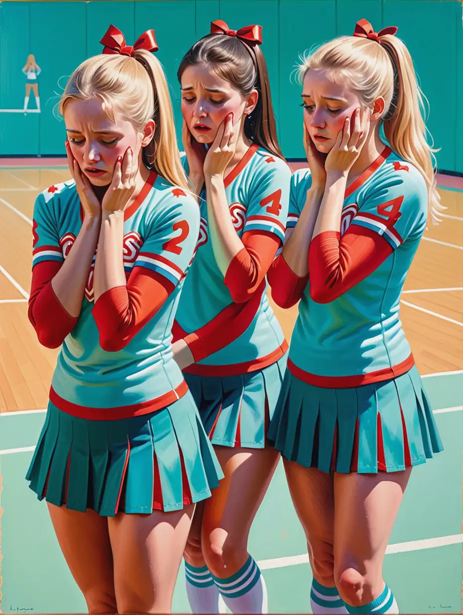 contemporary art painting of sad cheerleaders crying , naïve style, bad painting, by david hockney , an imagined provenance suitable for Christie's fine art auction, modern art,