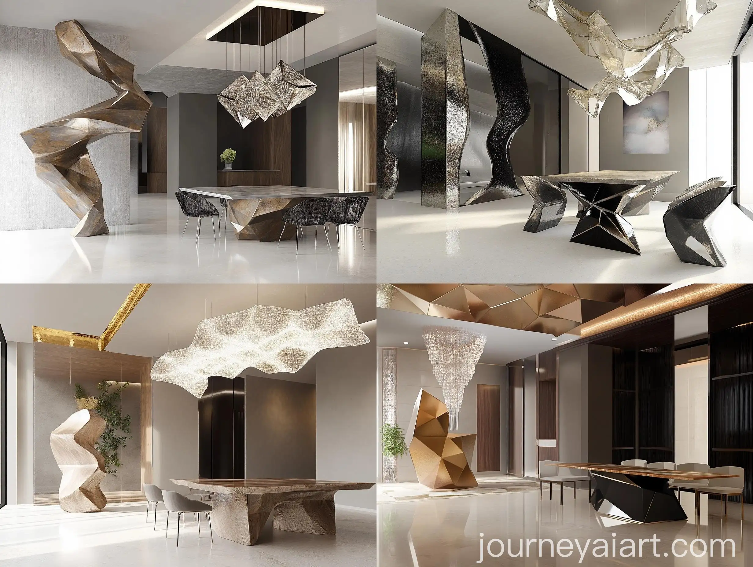 Modern-Table-with-Abstract-Sculpture-and-Chandelier