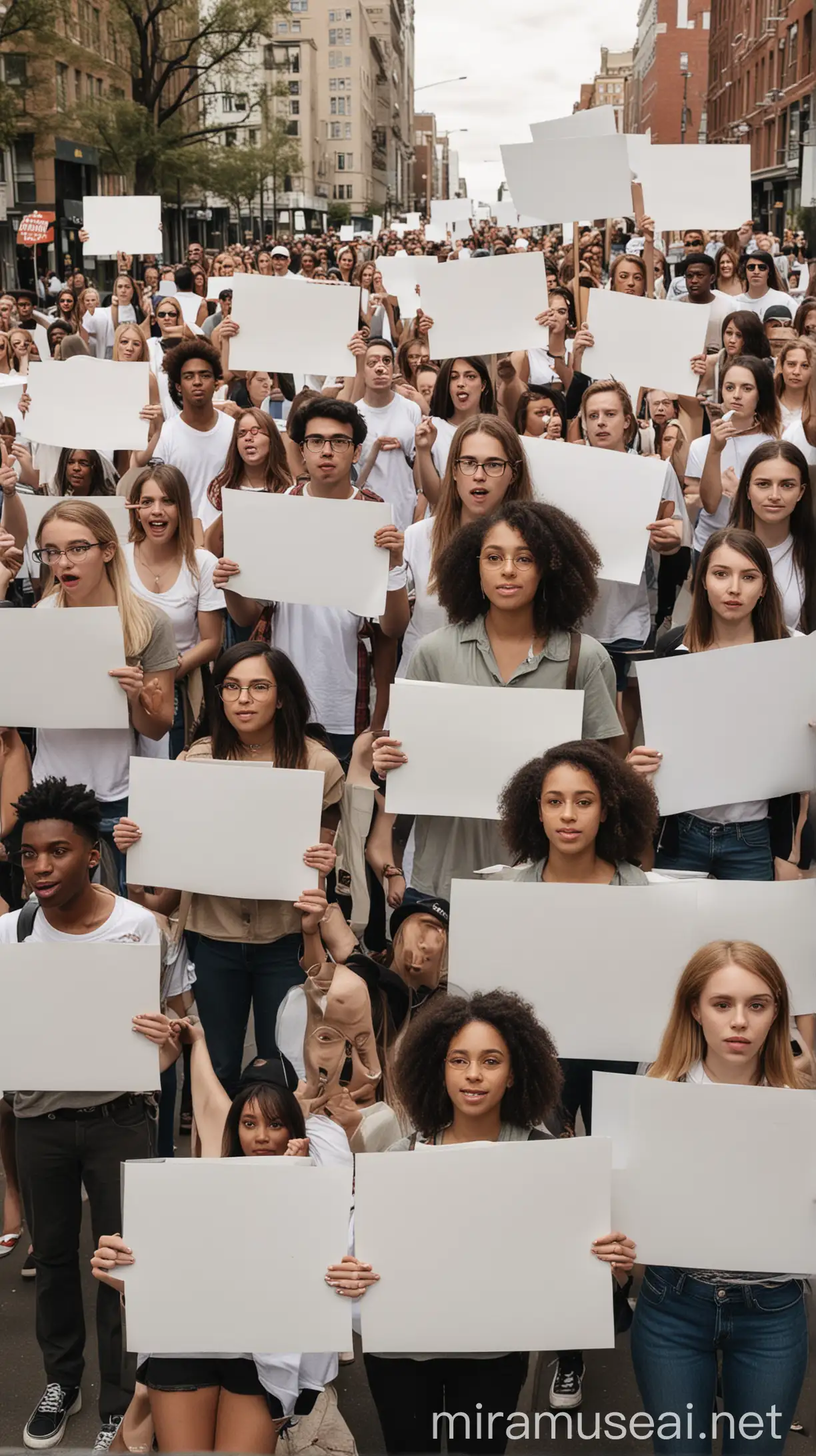 Diverse Young Adults Rallying with Blank White Signs