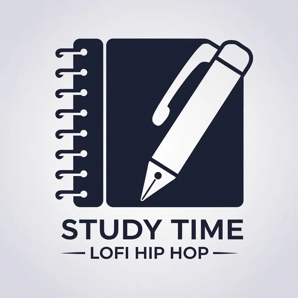 LOGO Design for Study Time Lofi Hip Hop Silhouette of Ballpoint Pen and Notebook in Navy Blue and White