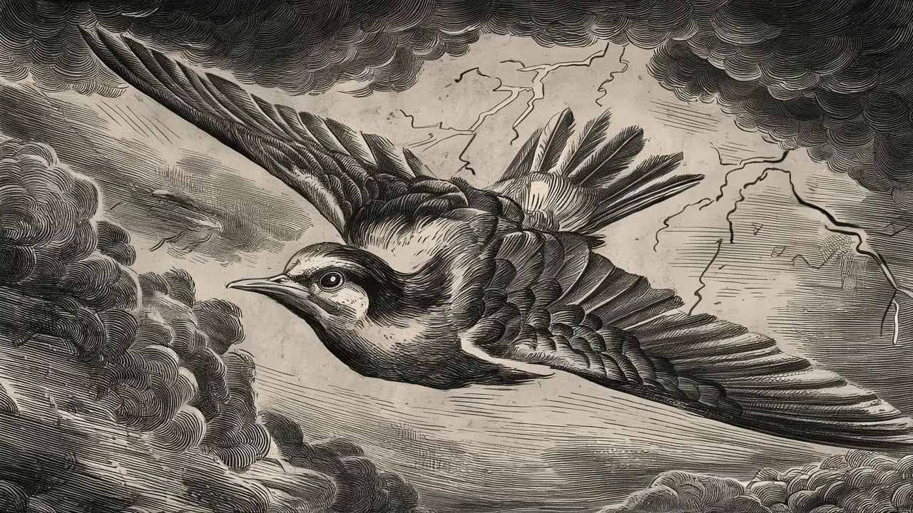 Bird Flying Through Storm Clouds Engraving Illustration