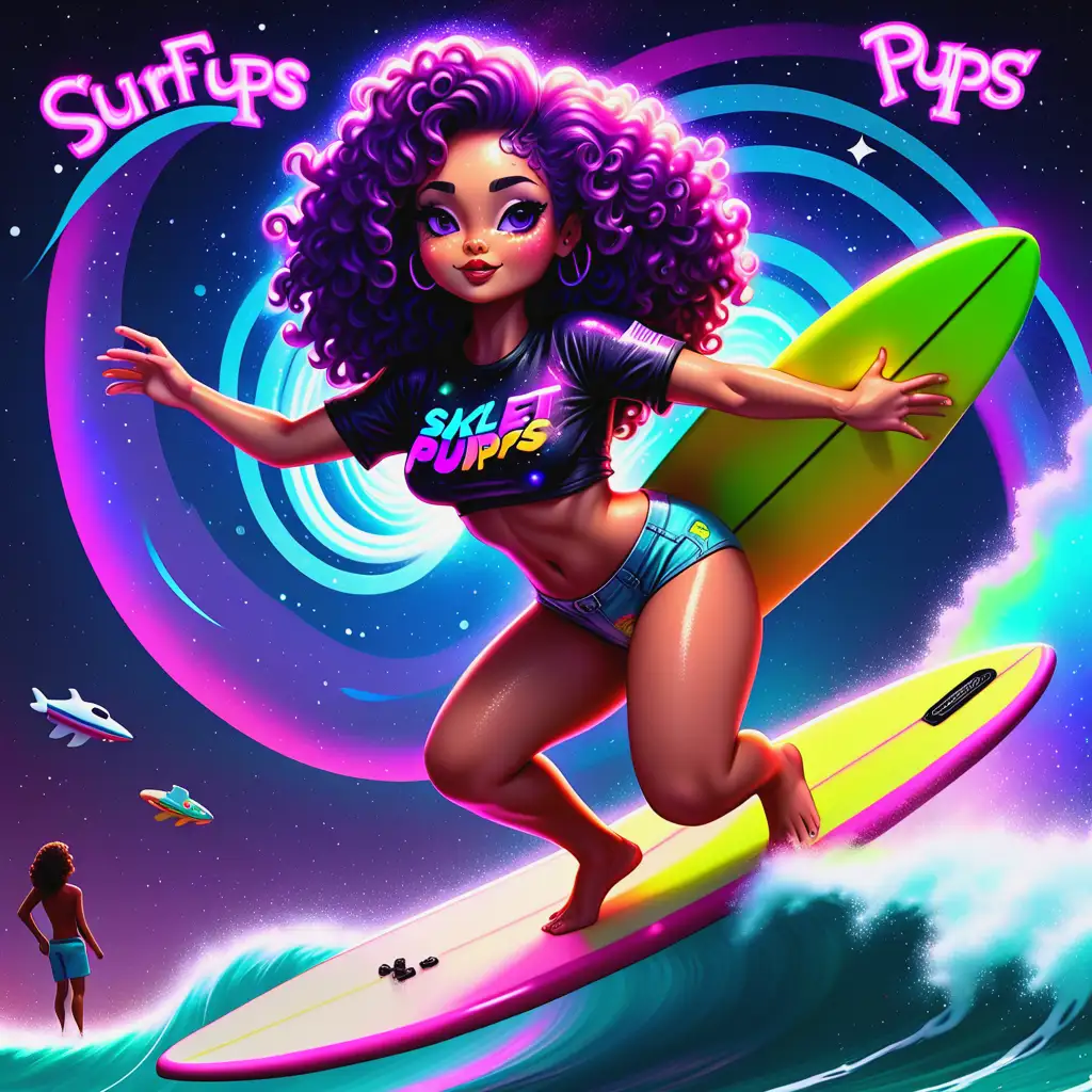 An intergalactic amozone surfs on a surfboard with jet propulsion through a neon galaxy with neon light beams on the surfboard it says 'PIXELPUPS' in large tech font, she surfs through the milky way. She is attractive, big curly head, shorts and half-open blouse, curvy and long