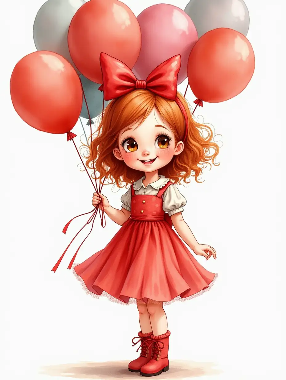 photo-realistic airy realistic watercolor, photorealism, wide strokes, a tender, sweet little girl in full height of European DreamWorks appearance, reddish curls, drawing of eyelashes, playfully laughing, playful look, rosy cheeks, freckles, a big red bow on her head, dressed in redfluffy airy dress with sequins. boots on the feet. With a red bow, a complex full-length perspective. Holds a lot of balloons, watercolor, ink drawing, beautiful, 4k, high detail