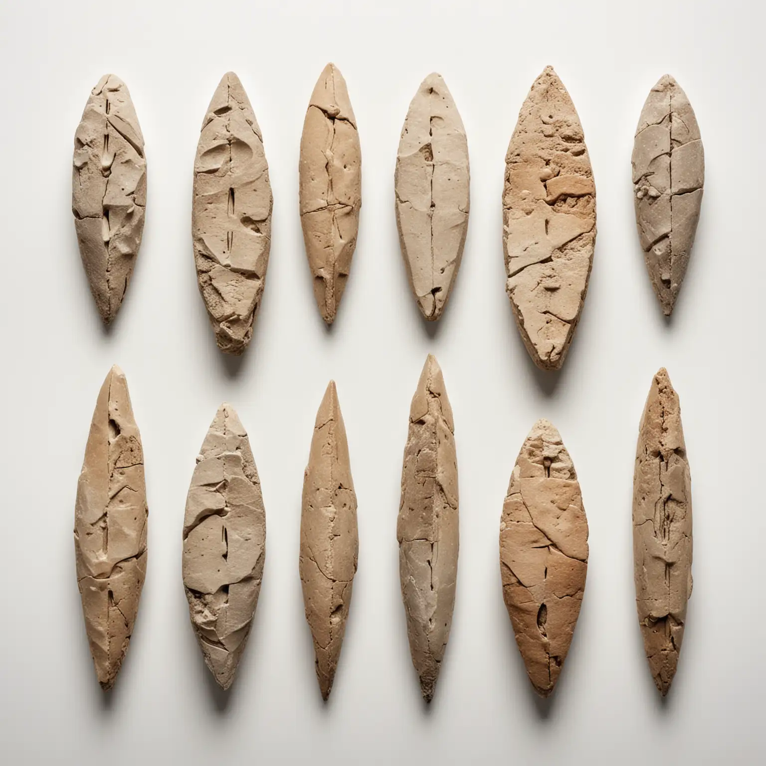 View strictly from above: stone spearheads from the Neolithic period. White background.