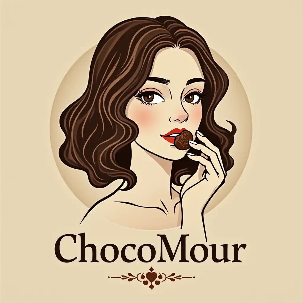 a simple yet elegant logo design featuring a close-up of a young woman with shoulder-length hair, inspired by the Art Nouveau style of Alphonse Mucha. She holds a piece of chocolate in her hand, and her face features a mysterious smile. The design should emphasize flowing lines and minimal decorative elements that clearly reflect the motifs of Art Nouveau while maintaining a graphic and refined appearance. Below her, include the text 'ChocoMour' in a clean, stylish font that complements the simplicity of the design. The logo should evoke a sense of sophistication and indulgence, perfect for a chocolate brand.