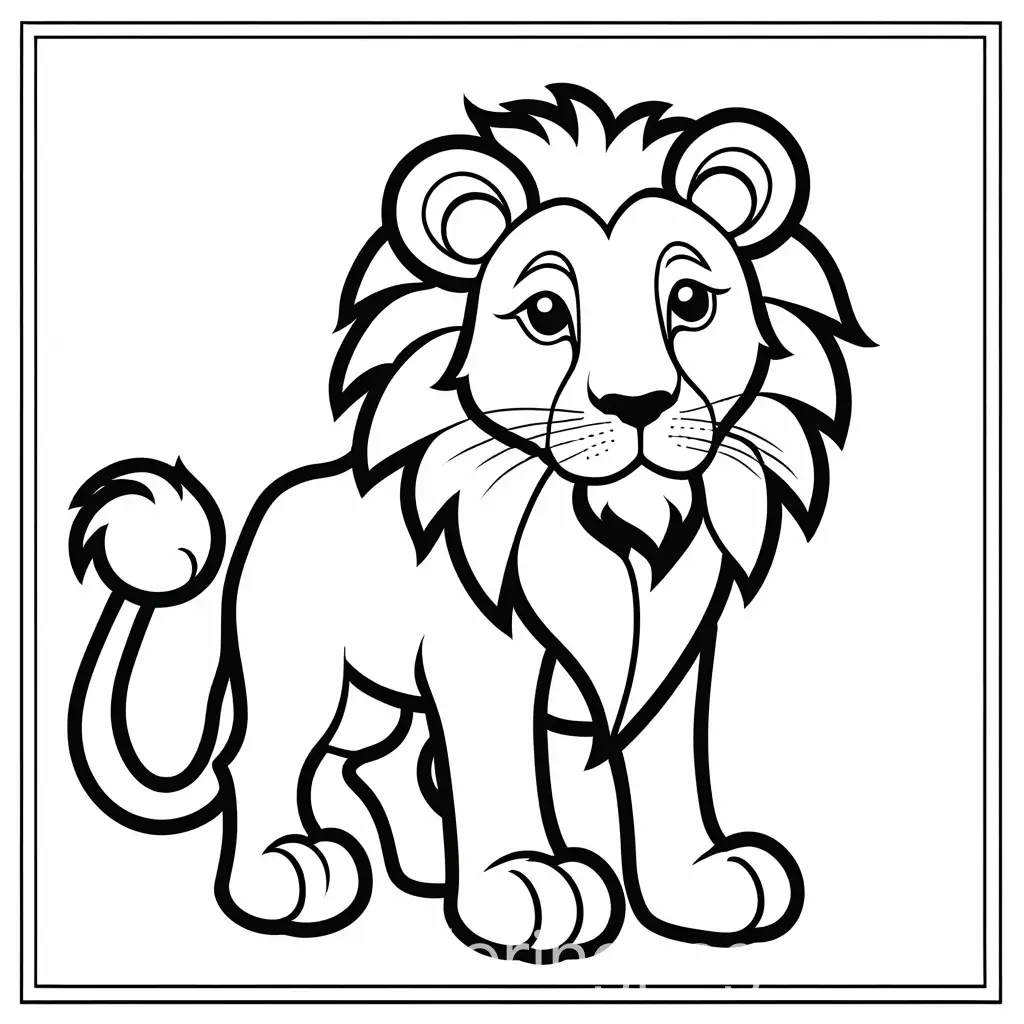 Lion, Coloring Page, black and white, line art, white background, Simplicity, Ample White Space. The background of the coloring page is plain white to make it easy for young children to color within the lines. The outlines of all the subjects are easy to distinguish, making it simple for kids to color without too much difficulty