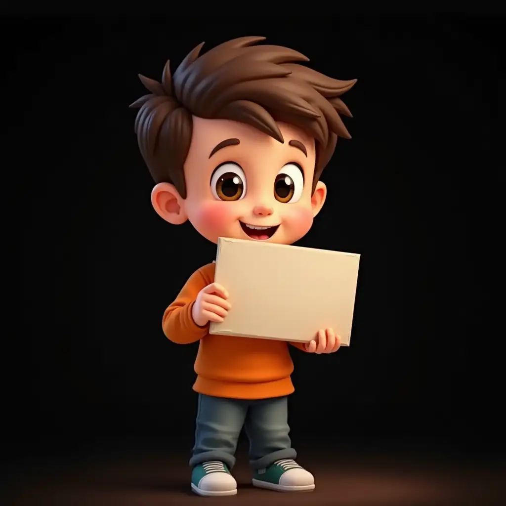 Cartoon-Kid-Holding-Sign-in-Orange-Clothes-Against-Black-Background