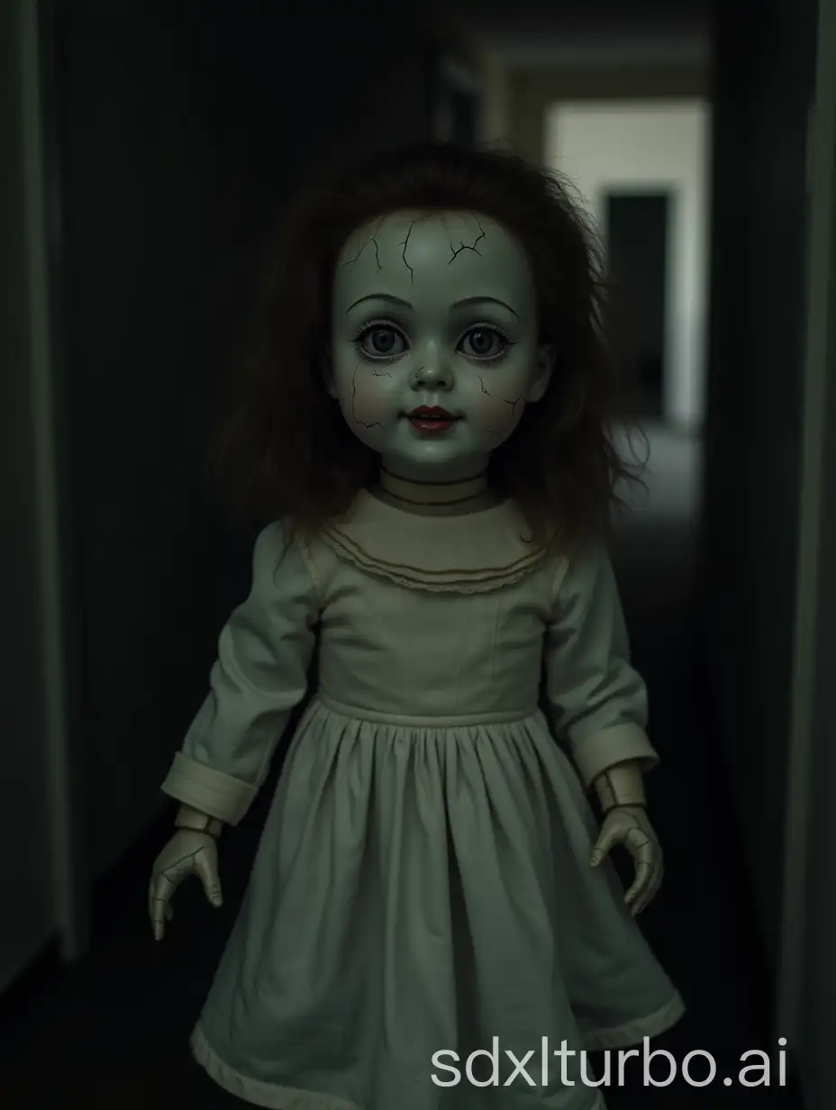 creepy porcelain china doll girl, cracked face, standing at the end of a hallway, dark barely visible lighting