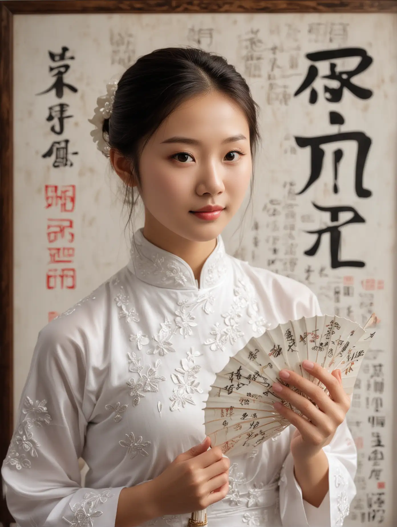 A Chinese girl in a white qipao, with a pretty and delicate face that can clearly see the words FunHPC on a sign she is holding