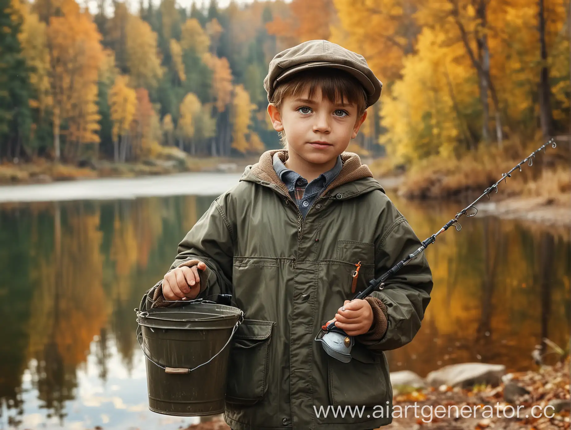 Portrait-of-a-Boy-Fisherman-with-Fishing-Rod-and-Bucket-by-the-Lake-in-Autumn-Forest