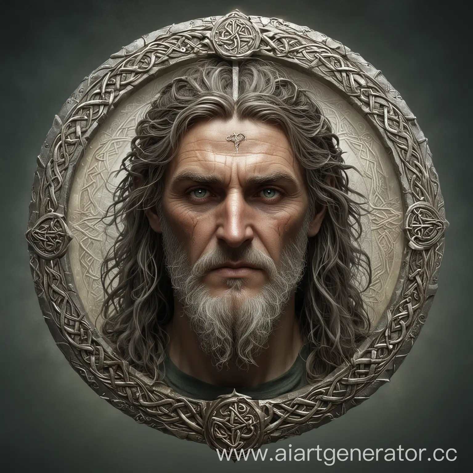 super hyper realistic image of the god Dagda from Celtic mythologynPower and Destiny: God of life, magic and abundance. It symbolizes knowledge, power and harmony.