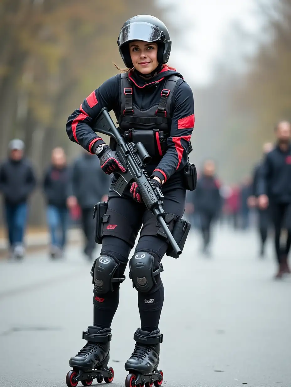 a 17 year old airsoft geared woman at a distance, she is skating on a street, holding a weapon, ordinary people in background, clothes have racing colors, she is wearing lots of functional sportswear, cycling gloves, airsoft helmet with transparent visor over eyes, smartwatch, thick plastic knee pads, modern inline skates with complete organized wheels