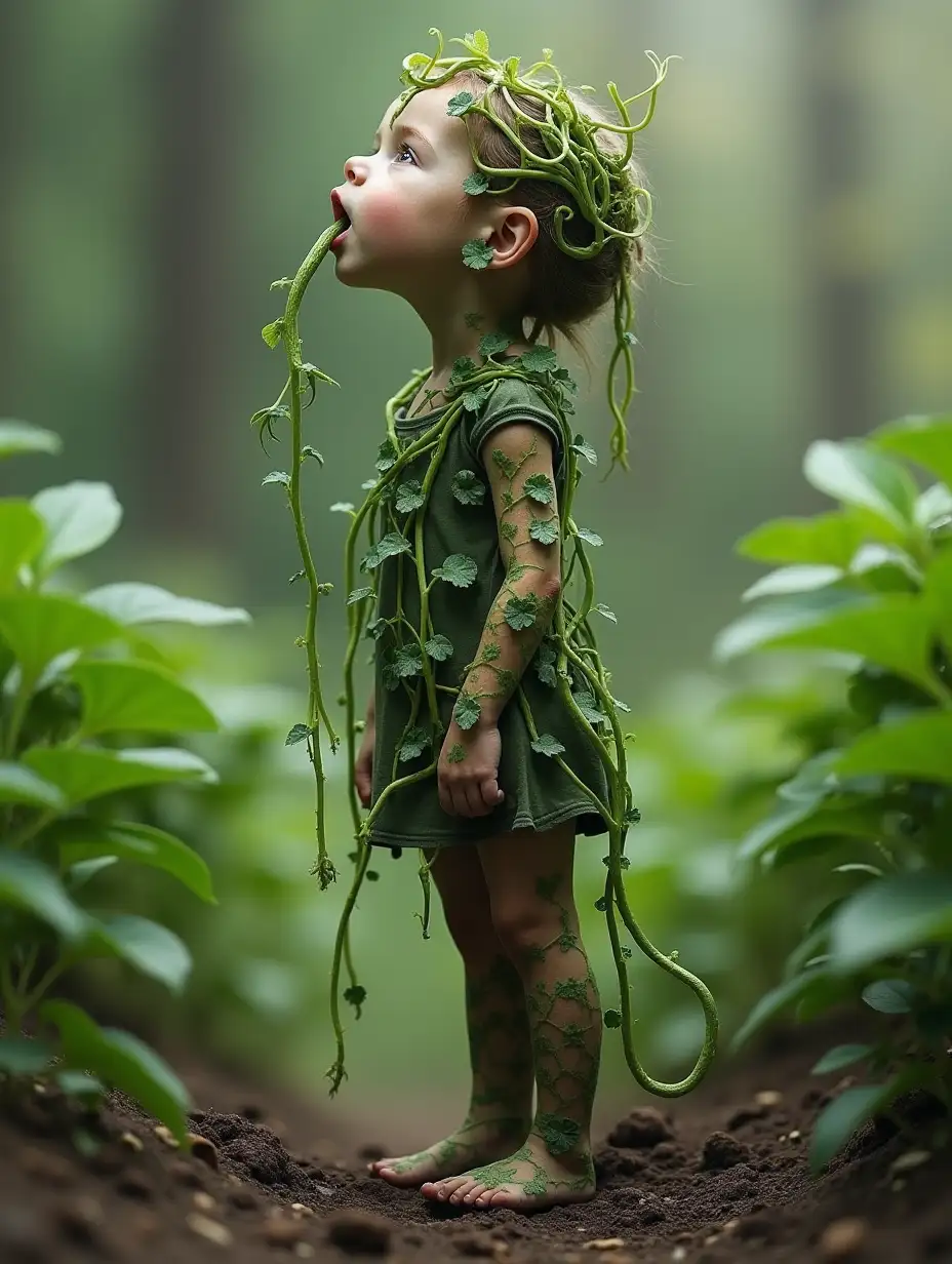 A realistic photo of A girl is standing in the garden sideways with a green stem growing from her mouth, her body is wrapped in green vines, and her feet are in the ground. Green stems grow out of her head