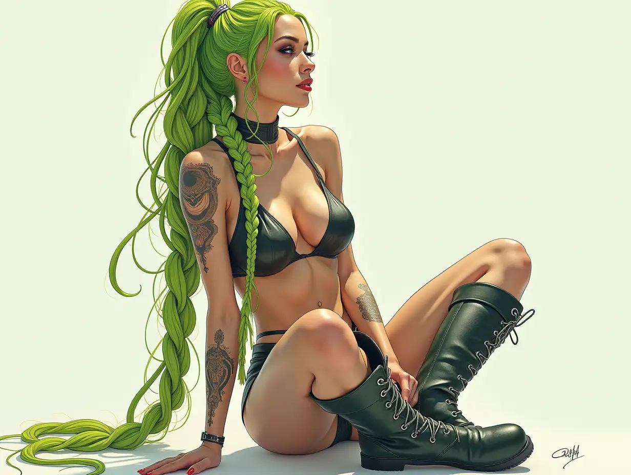 Depiction of a beautiful white woman with -tattoo, long mixed green-yellow braided hair in a futuristic style and laced boots.