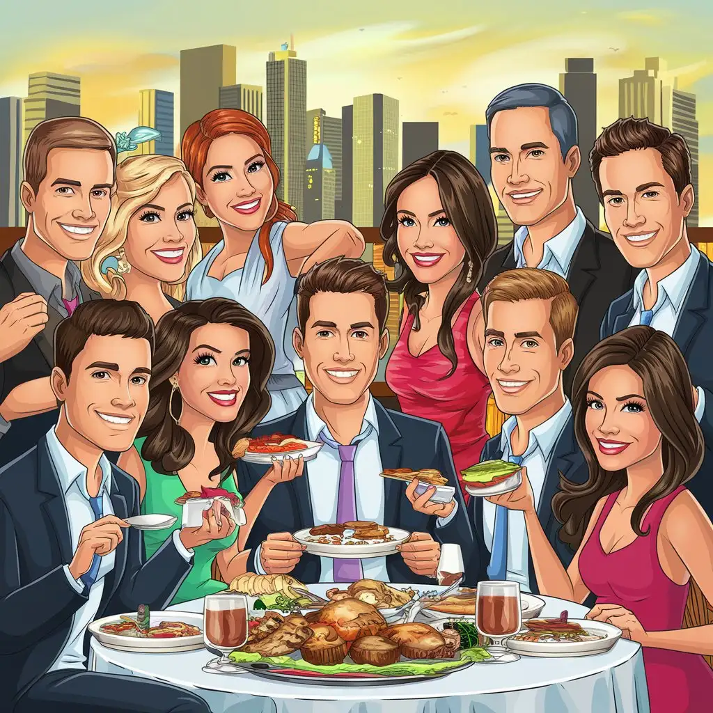 Group-of-11-Friends-Celebrating-Around-a-Beautiful-Meal-in-Cartoon-Style