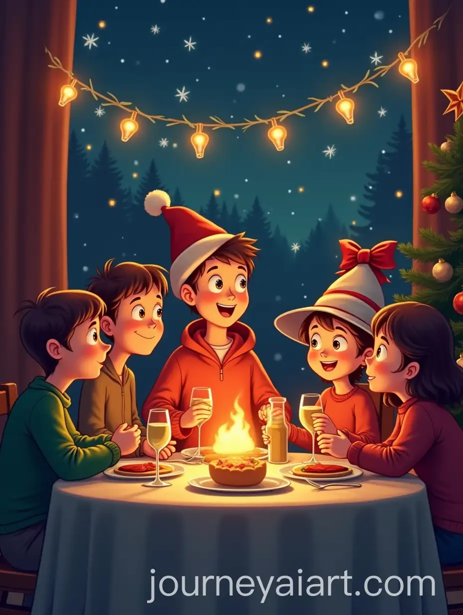 Cartoon-Big-Family-Having-Dinner-on-Christmas-Eve-at-Night